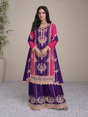Purple And Pink Embroidery Festive Palazzo Suit