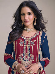 Maroon And Blue Embroidery Festive Palazzo Suit