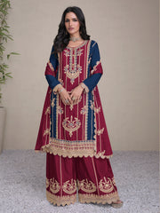 Maroon And Blue Embroidery Festive Palazzo Suit