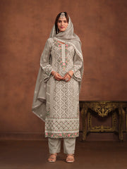 Light Grey Embroidery Straight Pant Suit
