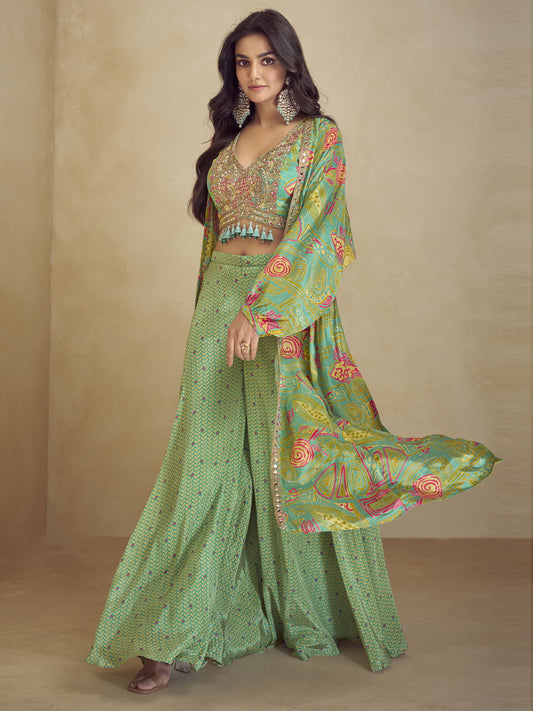 Embroidered Green Chinon Party Salwar Kameez