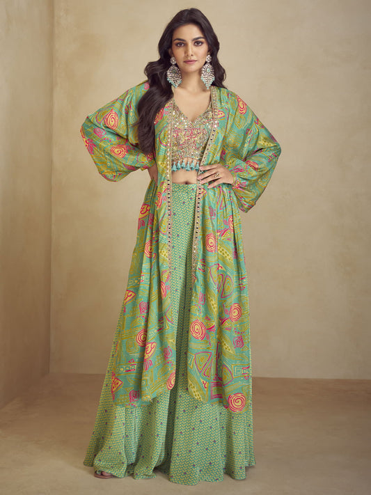 Embroidered Green Chinon Party Salwar Kameez