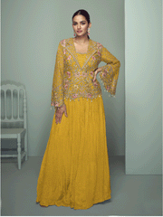 Yellow Chinnon Embroidered Lehenga Skirt Style Suit