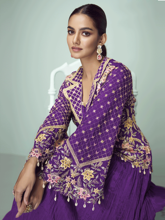 Purple Chinnon Embroidered Lehenga Skirt Style Suit
