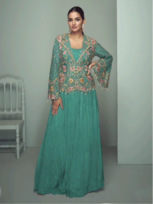 Turquoise Chinnon Embroidered Lehenga Skirt Style Suit