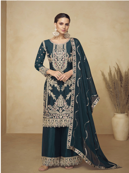 Chinnon Teal Hand Embroidered Festive Palazzo Suit