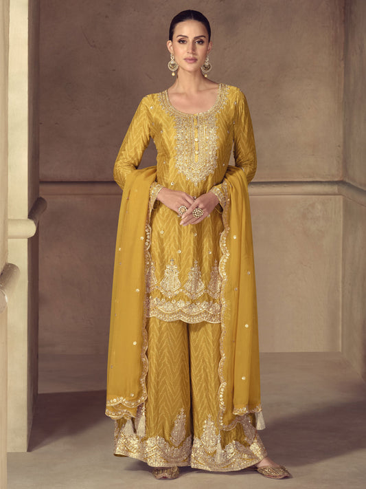 Mustard Yellow Digital Print real Chinon Sharara Suit