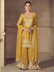 Mustard Yellow Digital Print real Chinon Sharara Suit