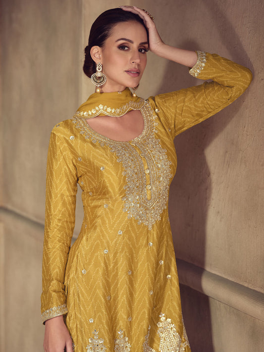 Mustard Yellow Digital Print real Chinon Sharara Suit
