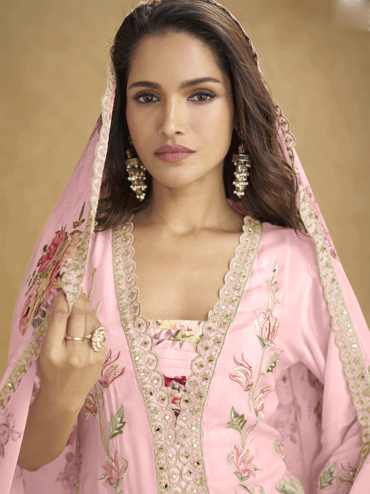 Baby Pink Digital Print Embroidered Sequins With Stone Work Palazzo Suit Festive Wear
