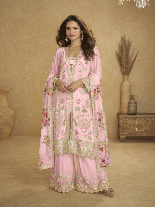 Baby Pink Digital Print Embroidered Sequins With Stone Work Palazzo Suit Festive Wear