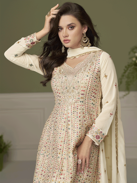 Georgette Hand Embroidered Cream Palazzo Suit