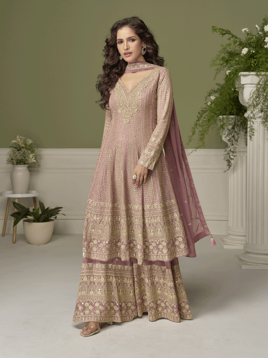 Georgette Hand Embroidered Pink Palazzo Suit