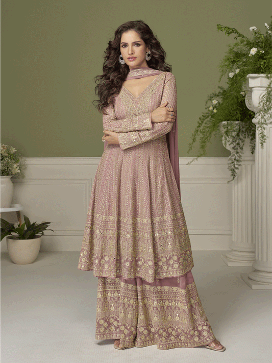 Georgette Hand Embroidered Pink Palazzo Suit