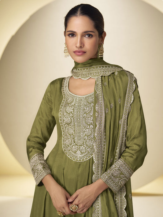 Mehndi Green Festive Style Embroidered Palazzo Suit