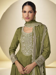 Mehndi Green Festive Style Embroidered Palazzo Suit
