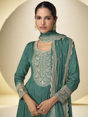 Aqua Green Festive Style Embroidered Palazzo Suit