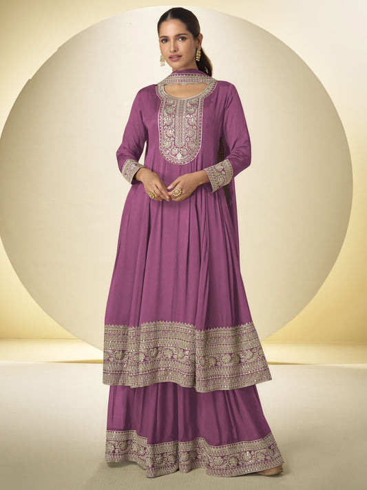 Onion Pink Festive Style Embroidered Palazzo Suit