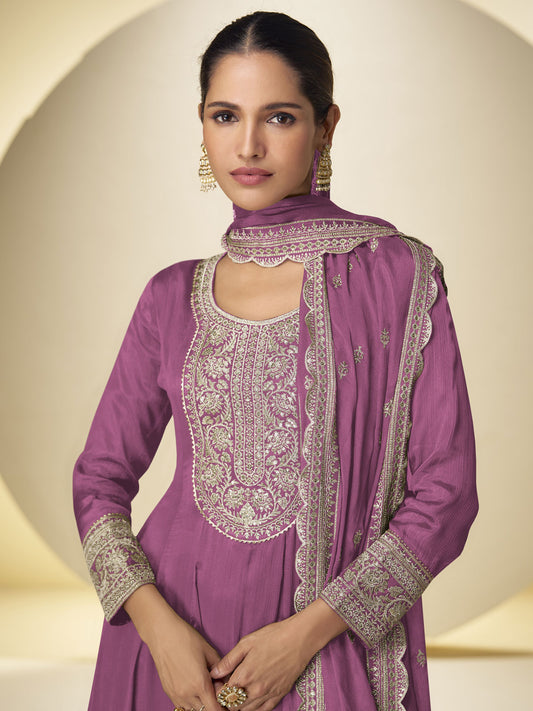 Onion Pink Festive Style Embroidered Palazzo Suit