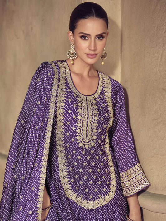 Purple Embroidered Festive Gharara Style Suit