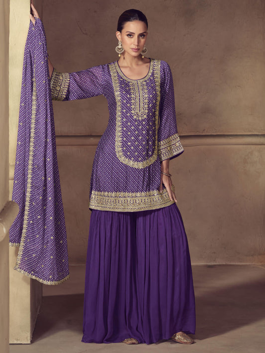 Purple Embroidered Festive Gharara Style Suit