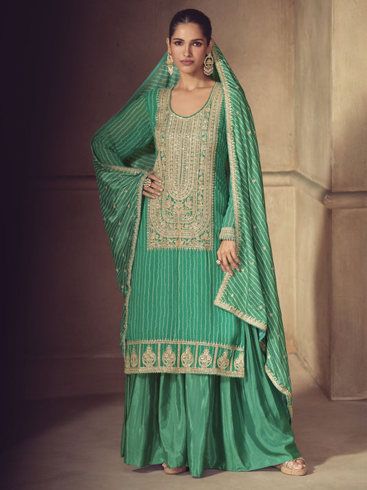 Green Embroidered Festive Sharara Style Suit