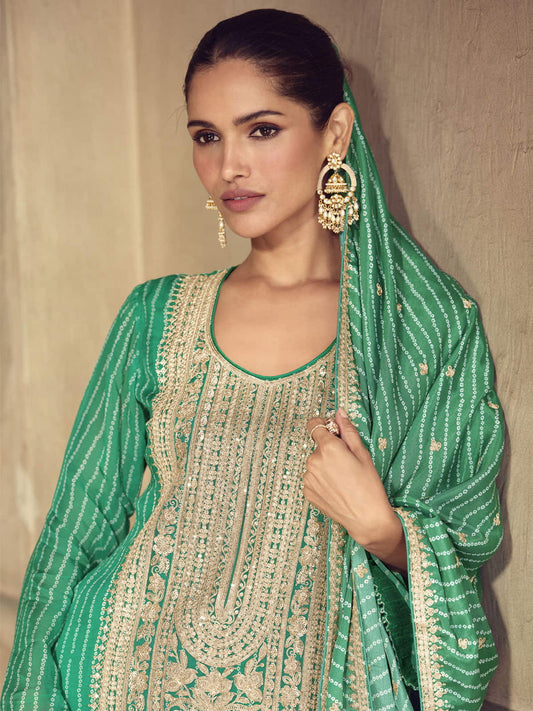 Green Embroidered Festive Sharara Style Suit