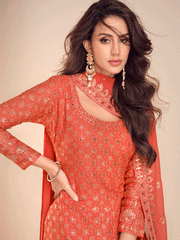 Red Orange Sequins Embroidery Gharara Style Suit