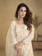 Net Off White Embroidered Eid Wear Palazzo Suit