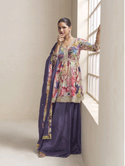 Purple Floral Printed & Embroidered Festive Palazzo Dress