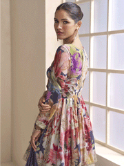 Purple Floral Printed & Embroidered Festive Palazzo Dress