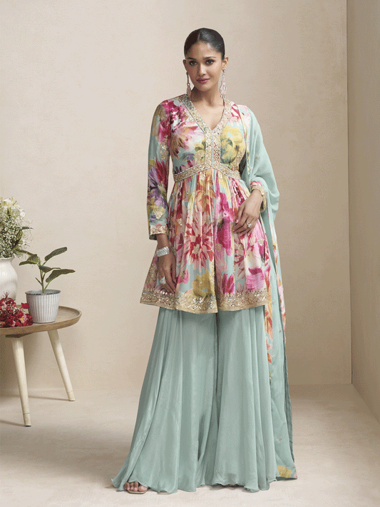 Blue Floral Printed & Embroidered Festive Palazzo Dress