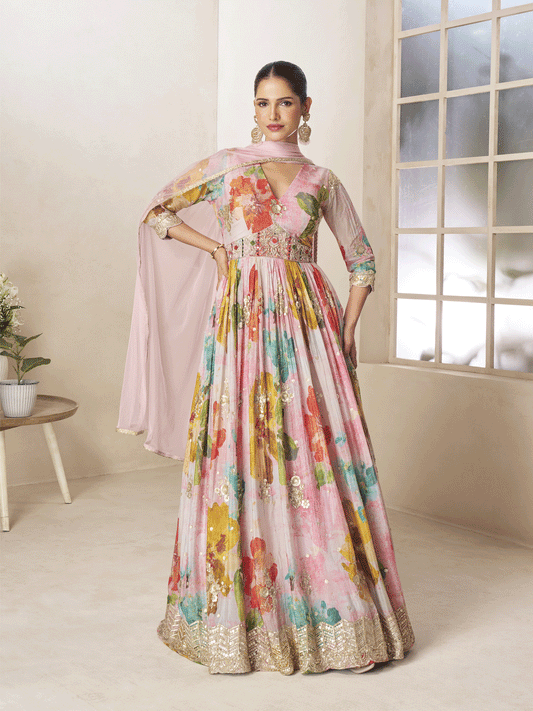 Blush Pink Floral Digital Printed Festive Anarkali Gown