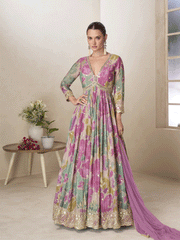Multicolor Floral Digital Printed Festive Anarkali Gown