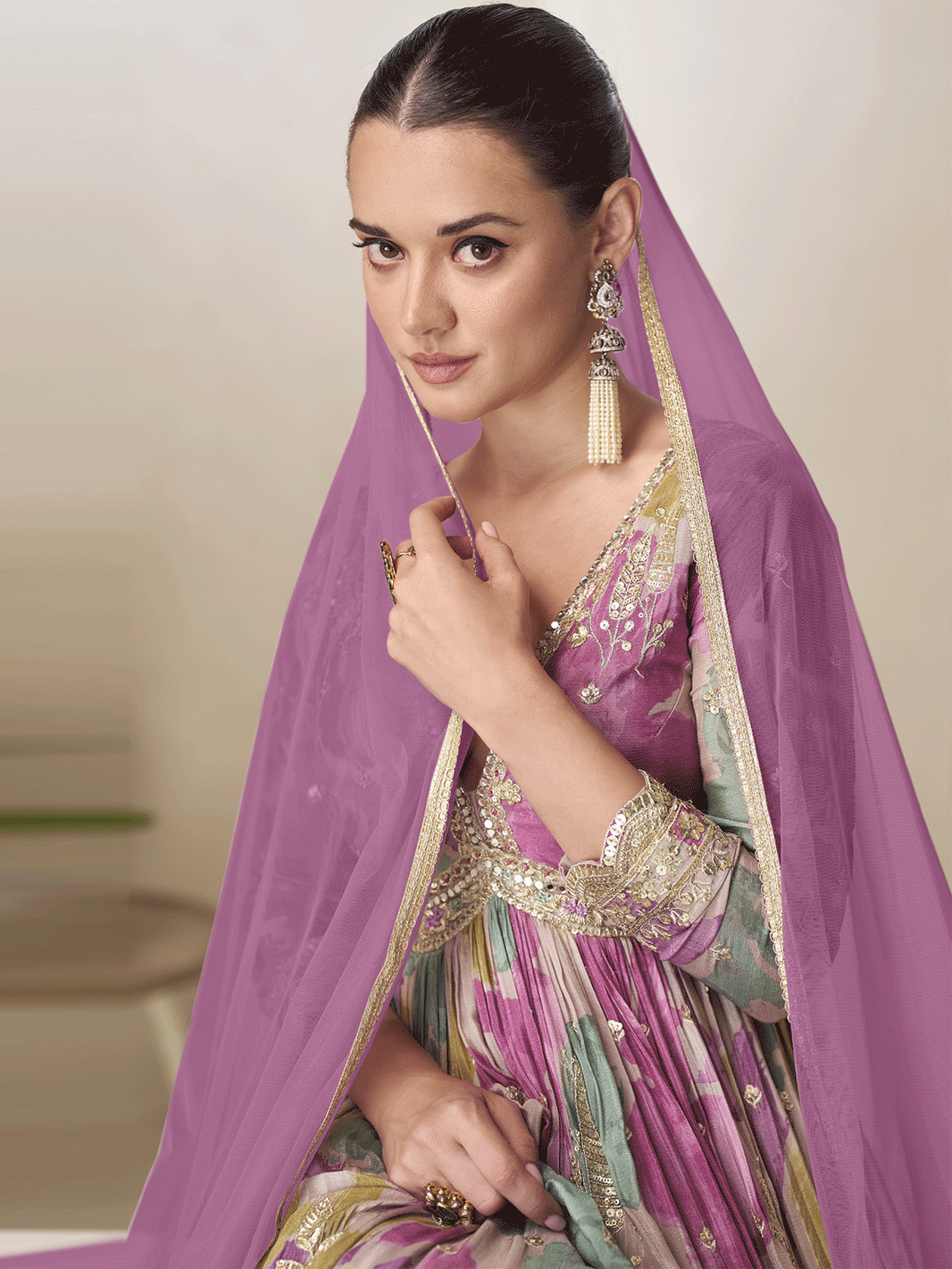 Malaika Arora Floral Yoke Design Round Neck Sequins Chanderi Cotton Kurta Set With Dupatta