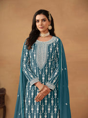 Teal Blue Embroidered Georgette Gharara Suit