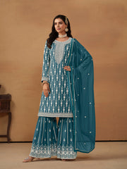 Teal Blue Embroidered Georgette Gharara Suit