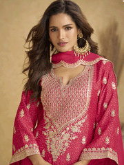 Blue Chinon Printed Embroidered Sequins Palazzo Suit Festive Wear