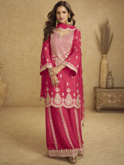 Blue Chinon Printed Embroidered Sequins Palazzo Suit Festive Wear