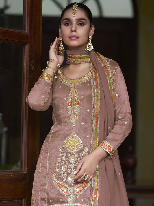 Pink Real Shimmer Silk Festive Skirt Style Suit