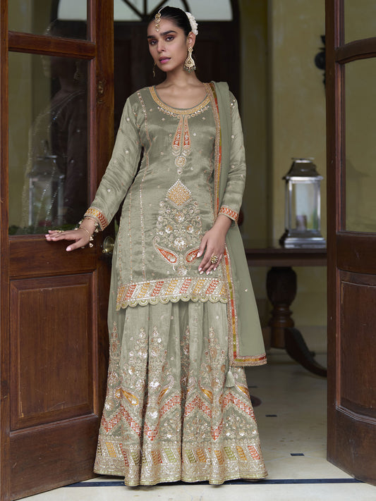Green Real Shimmer Silk Festive Skirt Style Suit
