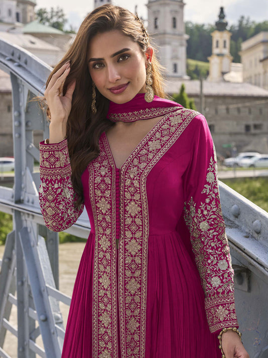 Pink Embroidered Slit Pant Style Dress