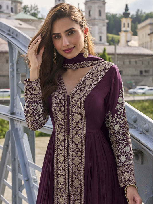 Purple Embroidered Slit Pant Style Dress