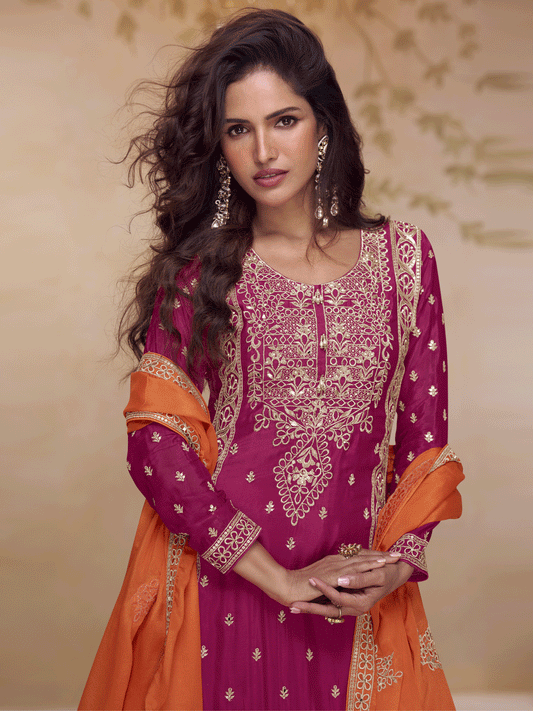 Pink & Orange Real Chinnon Embroidered Palazzo Suit