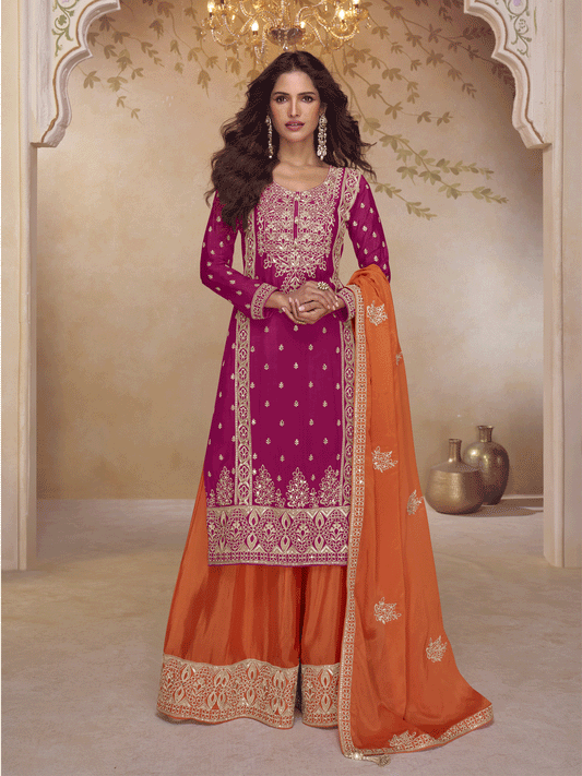 Pink & Orange Real Chinnon Embroidered Palazzo Suit