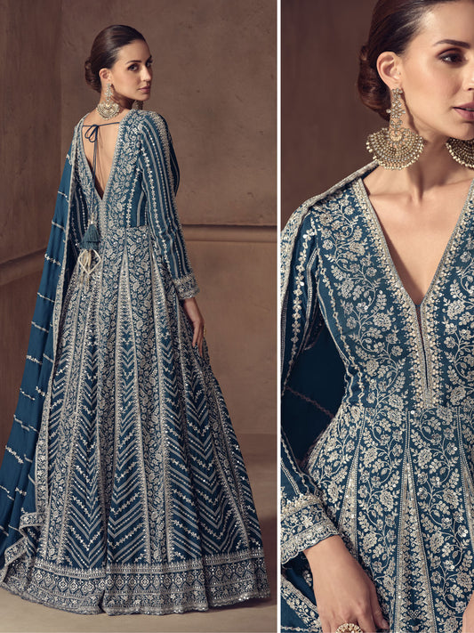 Turquoise Reshamkari Embroidery Wedding Anarkali Gown