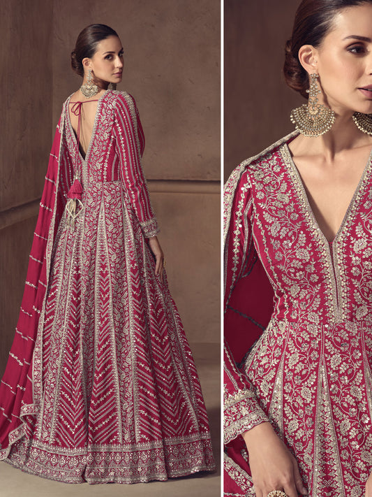 Magenta Reshamkari Embroidery Wedding Anarkali Gown