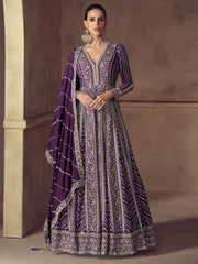 Purple Reshamkari Embroidery Wedding Anarkali Gown