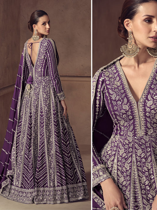 Purple Reshamkari Embroidery Wedding Anarkali Gown