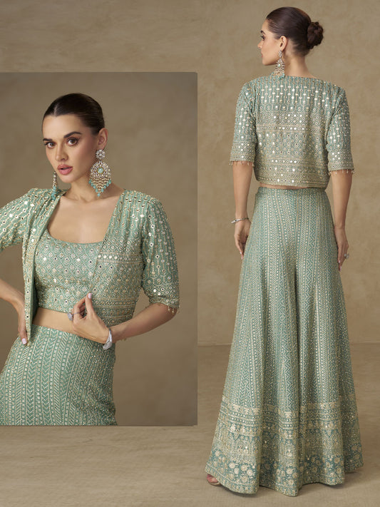 Sea Blue Crop Top Style Indo Western Palazzo Suit